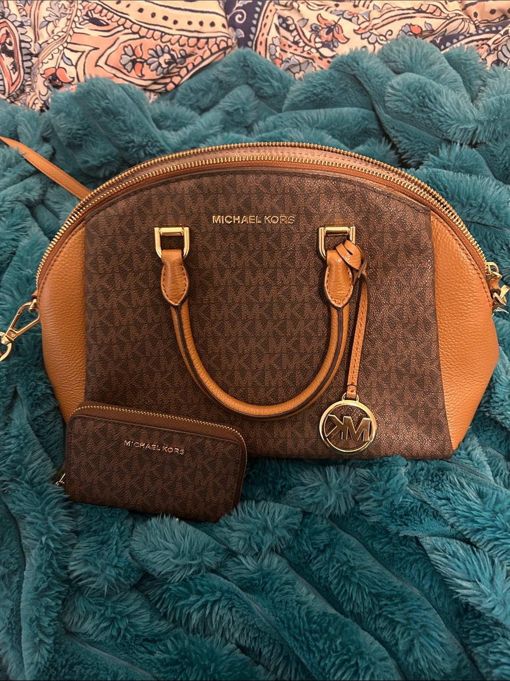 Michael Kors Brown & Tan Signature Dome Satchel with Coin Pouch